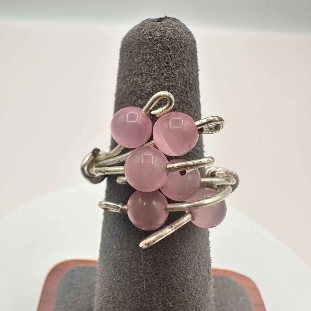 Vintage Y2K Silver Tone Pink Beaded Wire Wrapped Ring Boho Statement Jewelry